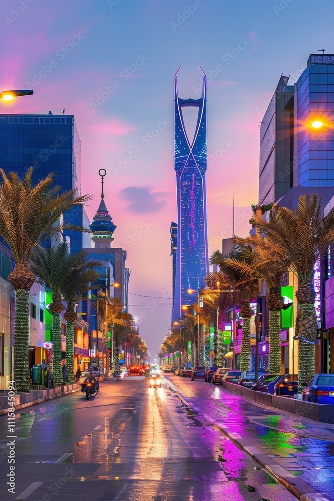 Naklejka premium A vibrant cityscape featuring a modern skyscraper at sunset.