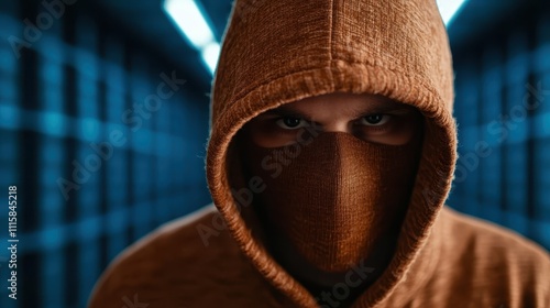 A person wearing a brown hoodie and mask stands menacingly in a dimly lit hallway, emanating an aura of mystery and intrigue with intense eyes focused forward. photo