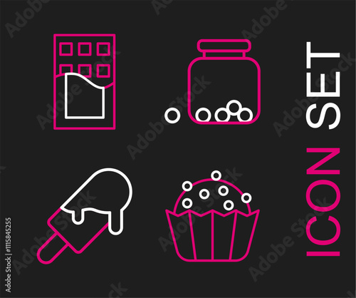 Set line Cupcake, Ice cream, Glass jar with candies inside and Chocolate bar icon. Vector