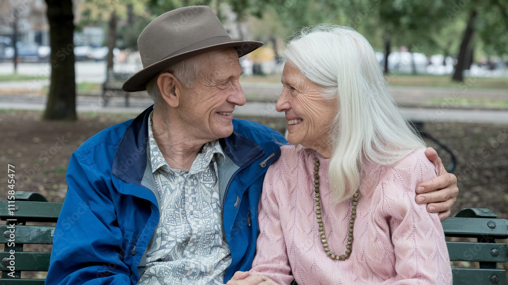 Fototapeta premium Elderly Couple Park Bench Affectionate Gaze Love