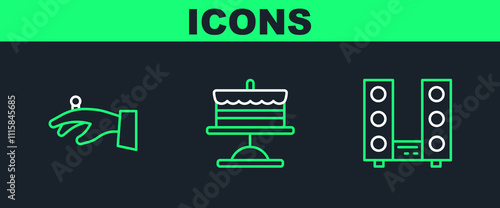 Set line Home stereo with two speakers, Wedding rings on hand and Cake plate icon. Vector