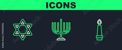 Set line Burning candle, Star of David and Hanukkah menorah icon. Vector