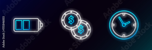 Set line Clock, Battery charge level indicator and Coin money with dollar symbol icon. Glowing neon. Vector