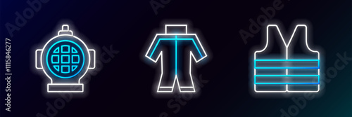 Set line Life jacket, Aqualung and Wetsuit icon. Glowing neon. Vector