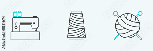 Set line Yarn ball with knitting needles, Sewing machine and thread on spool icon. Vector