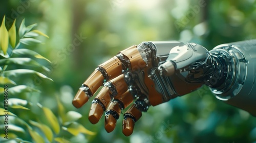 A metallic robotic hand extends towards vibrant green leaves, merging technology with nature. This image embodies the intersection of artificial and organic worlds. photo