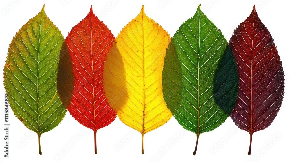 Obraz premium A row of leaves with different colors, including red, yellow, and green