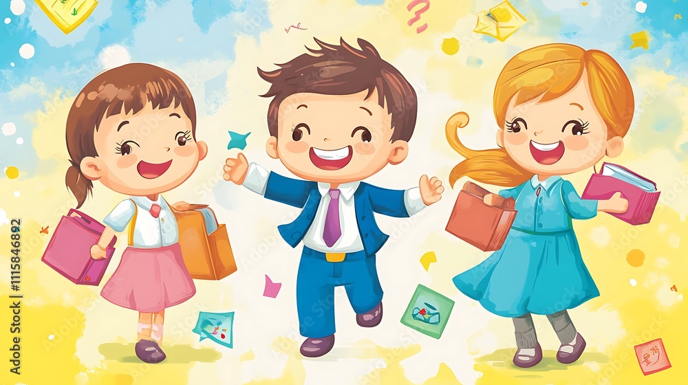 Three cheerful children with books celebrating education and friendship. Three cheerful children with books celebrating education and friendship.