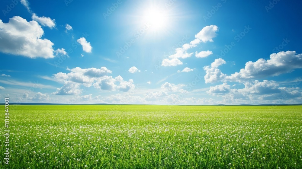 Fototapeta premium Sunny summer sky over lush green meadow with white flowers