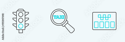 Set line Taximeter, Traffic light and Magnifying glass and taxi car icon. Vector