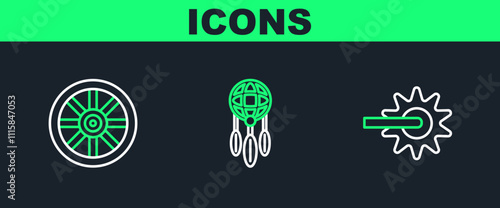 Set line Spur, Old wooden wheel and Dream catcher with feathers icon. Vector