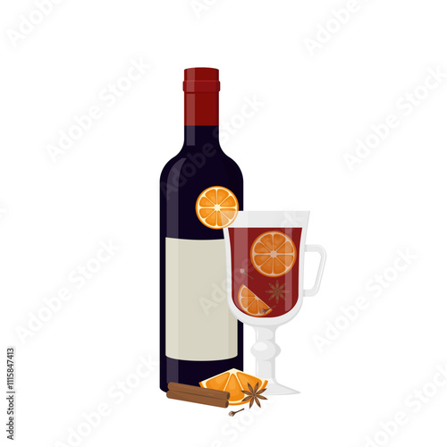 A bottle of wine and mulled wine in a glass. Vector illustration isolated on white background