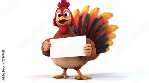 A cartoon turkey adorned with bold, vibrant feathers and holding a festive sign, looking playful, on white photo