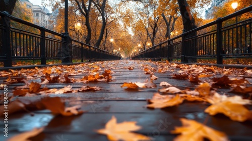 A beautiful park pathway at dusk covered with vibrant autumn leaves, lined with glowing street lamps, creating a serene and picturesque autumn scene. photo