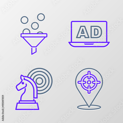 Set line Target, Chess, Advertising and Lead management icon. Vector