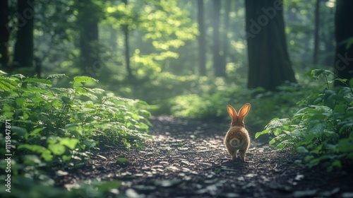 A cute brown rabbit walks on a dirt path through a lush green forest with sunlight shining through the trees.