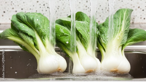 Fresh Organic Bok Choy Vegetables on Stainless Steel Background photo