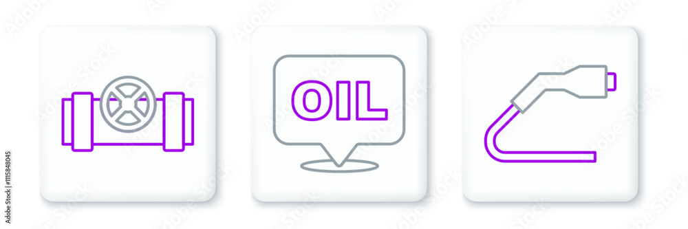 Set line Electrical cable plug charging, Metallic pipes and valve and Word oil icon. Vector Set line Electrical cable plug charging, Metallic pipes and valve and Word oil icon. Vector