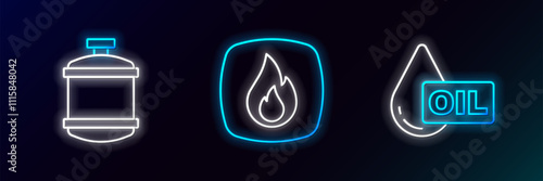 Set line Oil drop, Propane gas tank and Fire flame icon. Glowing neon. Vector