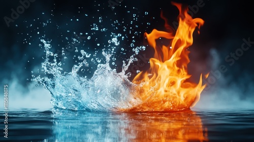 Water and fire are elementally connected in a dramatic visual dance, conveying an intense natural power through vibrant splashes and fiery movements. photo