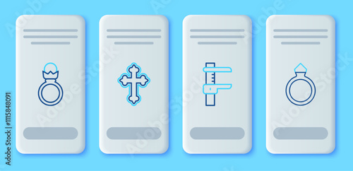 Set line Christian cross, Calliper or caliper and scale, Diamond engagement ring and icon. Vector