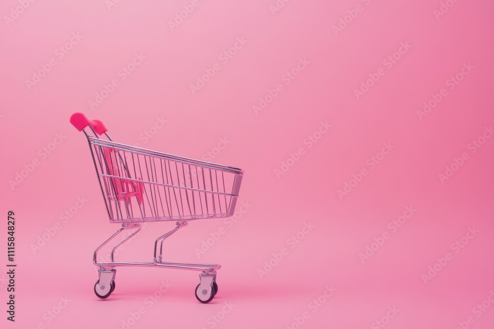 A small shopping cart on a pink background, featuring bright pink handles, symbolizing retail and consumerism. A small shopping cart on a pink background, featuring bright pink handles, symbolizing retail and consumerism.
