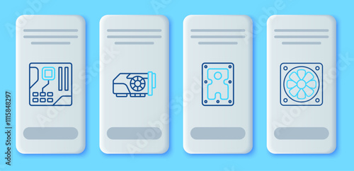 Set line Video graphic card, Hard disk drive HDD, Motherboard digital chip and Computer cooler icon. Vector