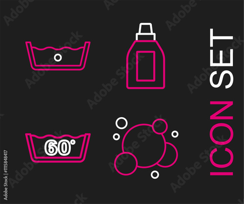 Set line Soap water bubbles, Temperature wash, Bottle for cleaning agent and icon. Vector