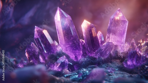 In nature, purple amethyst crystals gleam. Their shiny surfaces provide an eye-catching backdrop that is ideal for showcasing your message. photo