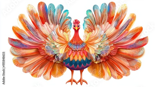 A cartoon turkey with bold and vibrant autumn feathers in a fan-like shape, standing proudly, on white