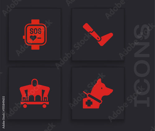 Set Guide dog, Smart watch, Prosthesis leg and Man without legs sitting wheelchair icon. Vector