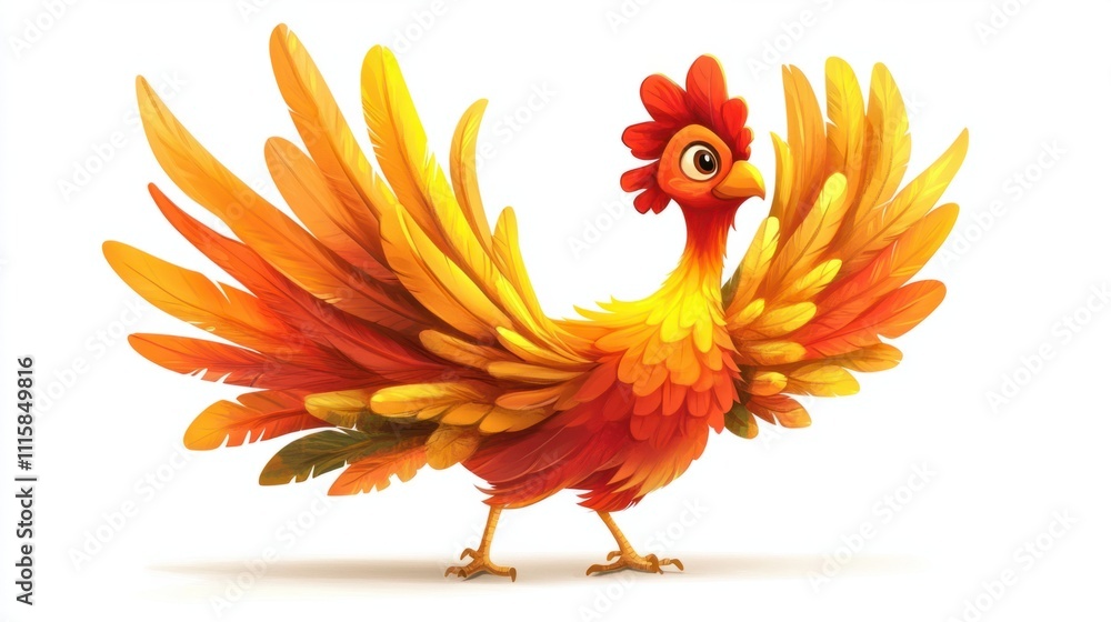 Obraz premium A cartoon turkey with vivid orange, yellow, and red feathers, striking a proud pose, perfect for seasonal themes, on white