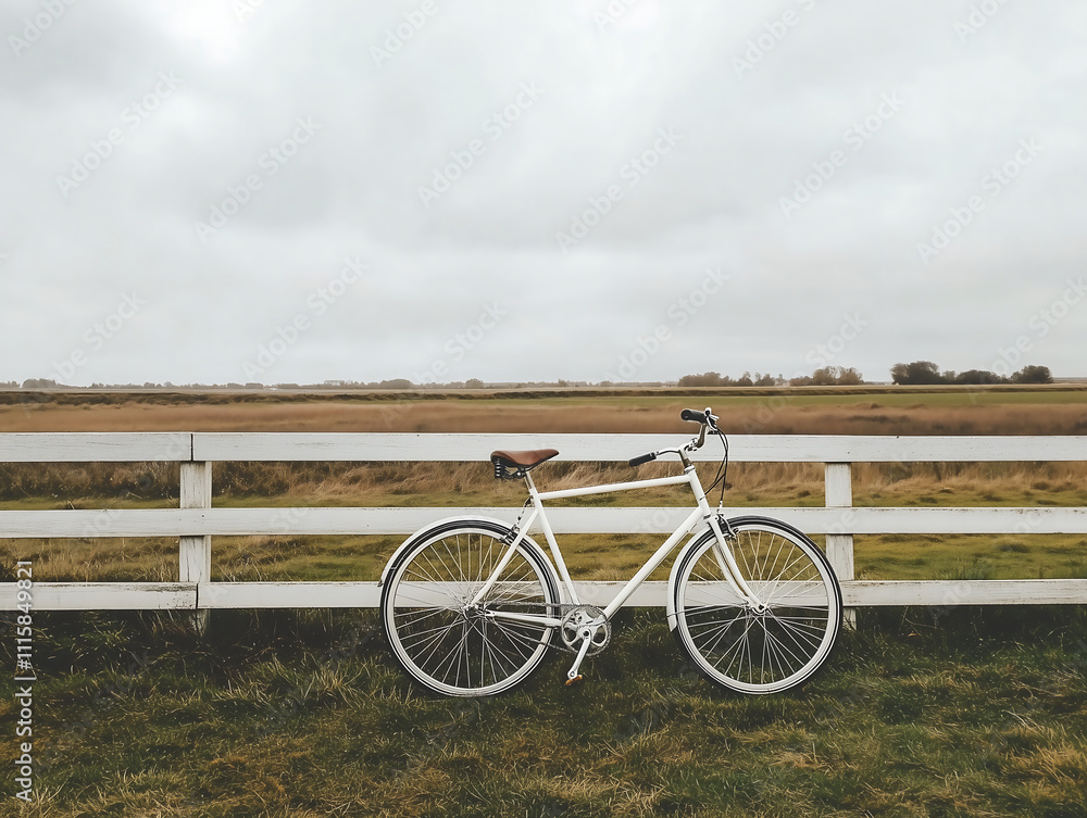 Fototapeta premium Minimalist White Bicycle Against Rural Fence at Sunset