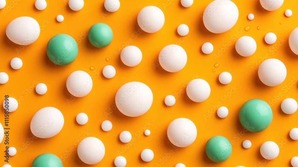 A colorful pattern of white and green balls on an orange background A colorful pattern of white and green balls on an orange background