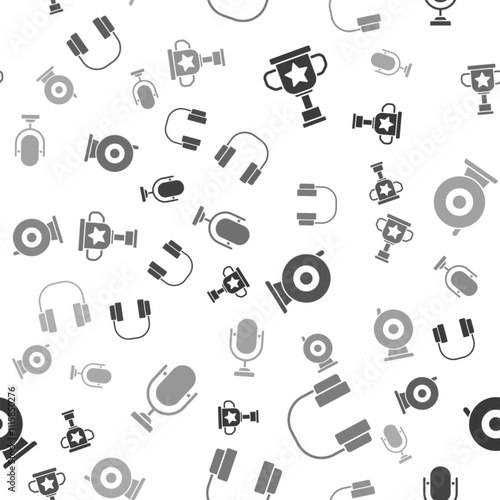 Set Award cup, Headphones, Web camera and Microphone on seamless pattern. Vector