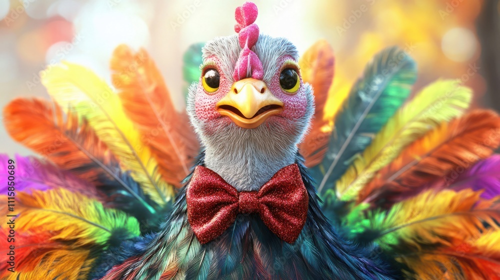 Naklejka premium A cheerful turkey cartoon with rainbow feathers and a festive bow tie, looking playful and fun, on white