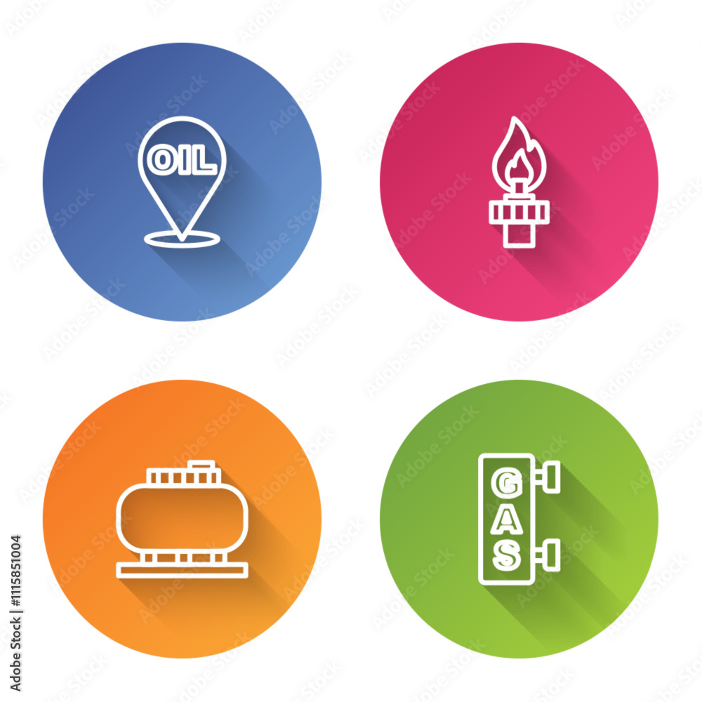 Set line Refill petrol fuel location, Oil rig with fire, tank storage and Gas filling station. Color circle button. Vector Set line Refill petrol fuel location, Oil rig with fire, tank storage and Gas filling station. Color circle button. Vector