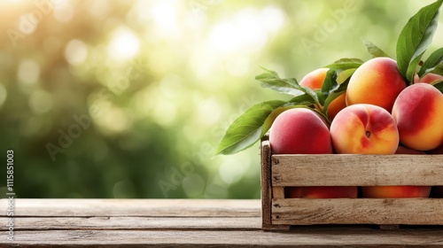 A rustic wooden crate overflows with juicy peaches, their rosy hues complemented by green leaves, set against a serene, blurred outdoor backdrop. photo