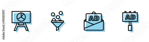 Set line Advertising, Board with graph chart, Lead management and icon. Vector