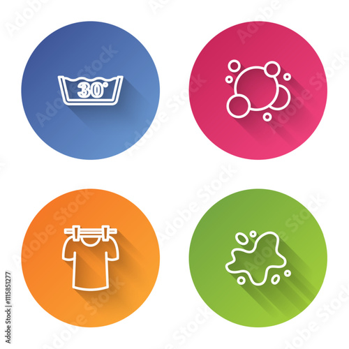 Set line Temperature wash, Soap water bubbles, Drying clothes and Water spill. Color circle button. Vector