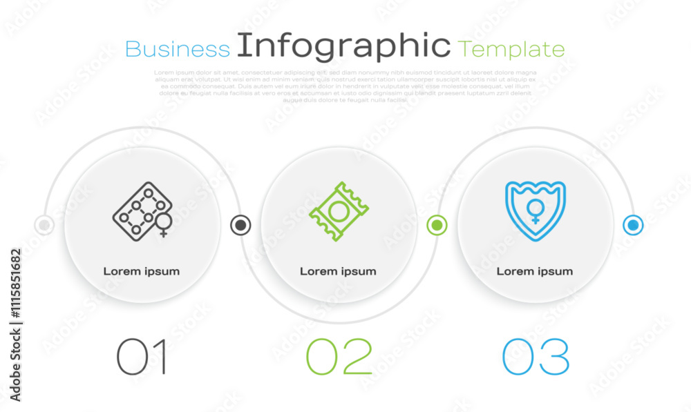 Set line Packaging of birth control pills, Condom package and Gender shield, Female. Business infographic template. Vector Set line Packaging of birth control pills, Condom package and Gender shield, Female. Business infographic template. Vector