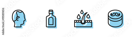 Set line Oil for hair care treatment, Baldness, Bottle of shampoo and Gel wax styling icon. Vector