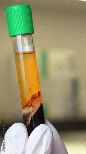 Close-up of microbiologist hands in protective blue gloves holding blood test tube or  syringe Medical lab doctor analyzing blood plasma of  patient, Infection, Plasma, aesthetic concept