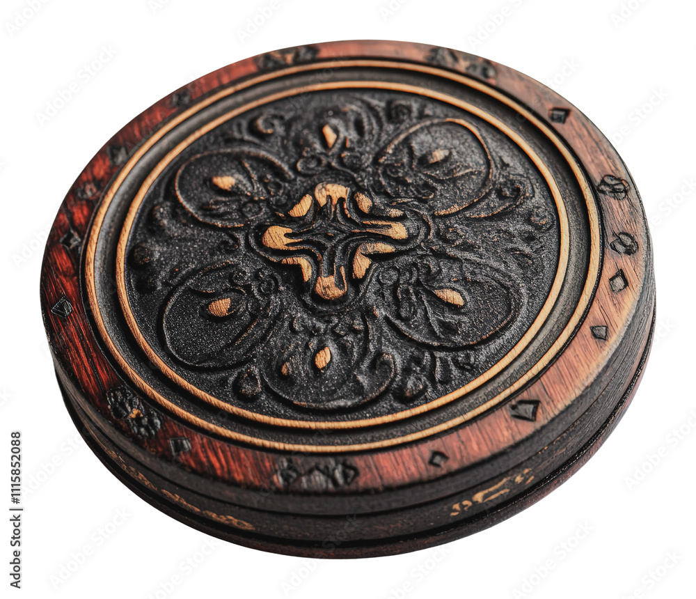 Fototapeta premium Ornate wooden coaster design, cut out - stock png.