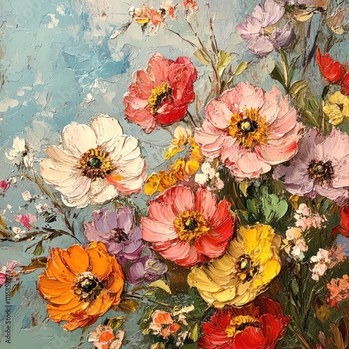 Wallpaper Mural Vibrant oil painting of a colorful floral bouquet with poppies and anemones against a blue sky background. Torontodigital.ca