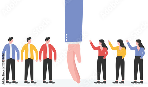 Huge hand divides men and women into two groups, gender issue sexism, feminism
