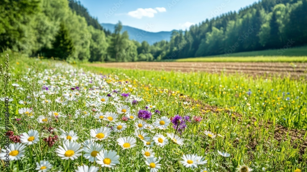 Obraz premium Vibrant wildflower meadow in serene mountain valley landscape