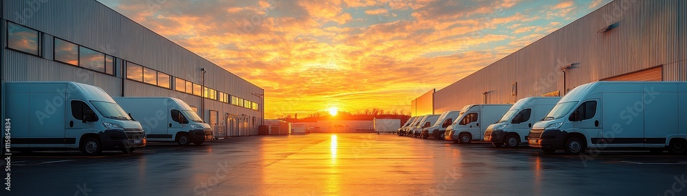 Fototapeta premium Fleet of Delivery Vans Parked at a Warehouse During a Vibrant Sunset with Dramatic Sky and Reflections on Wet Pavement