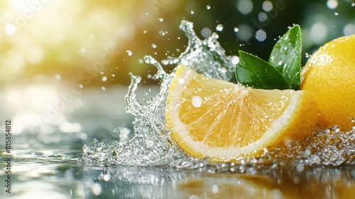 A juicy lemon wedge splashes in water with golden reflections, symbolizing freshness and vitality, inspiring an energetic mood and capturing life's zestful moments. photo