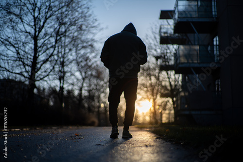 lonely man is walking on a street wearing a hoodie